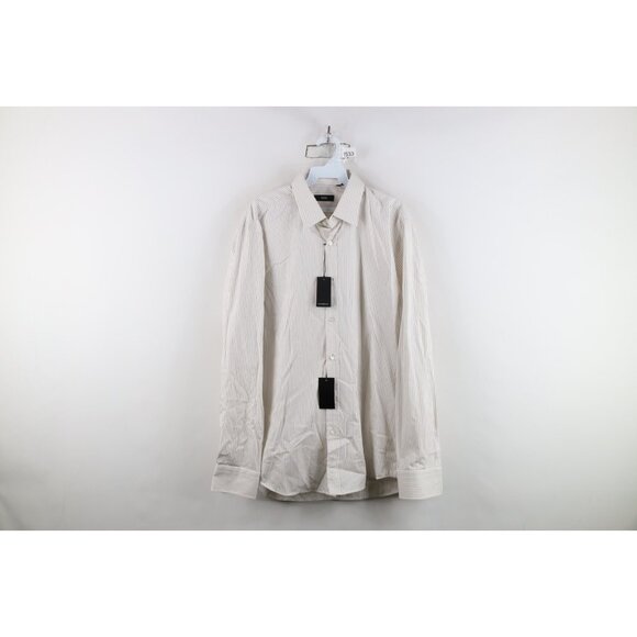 New Hugo Boss Mens 16 34/35 Felix Pinstriped Collared Button Shirt White Gray - Picture 1 of 15